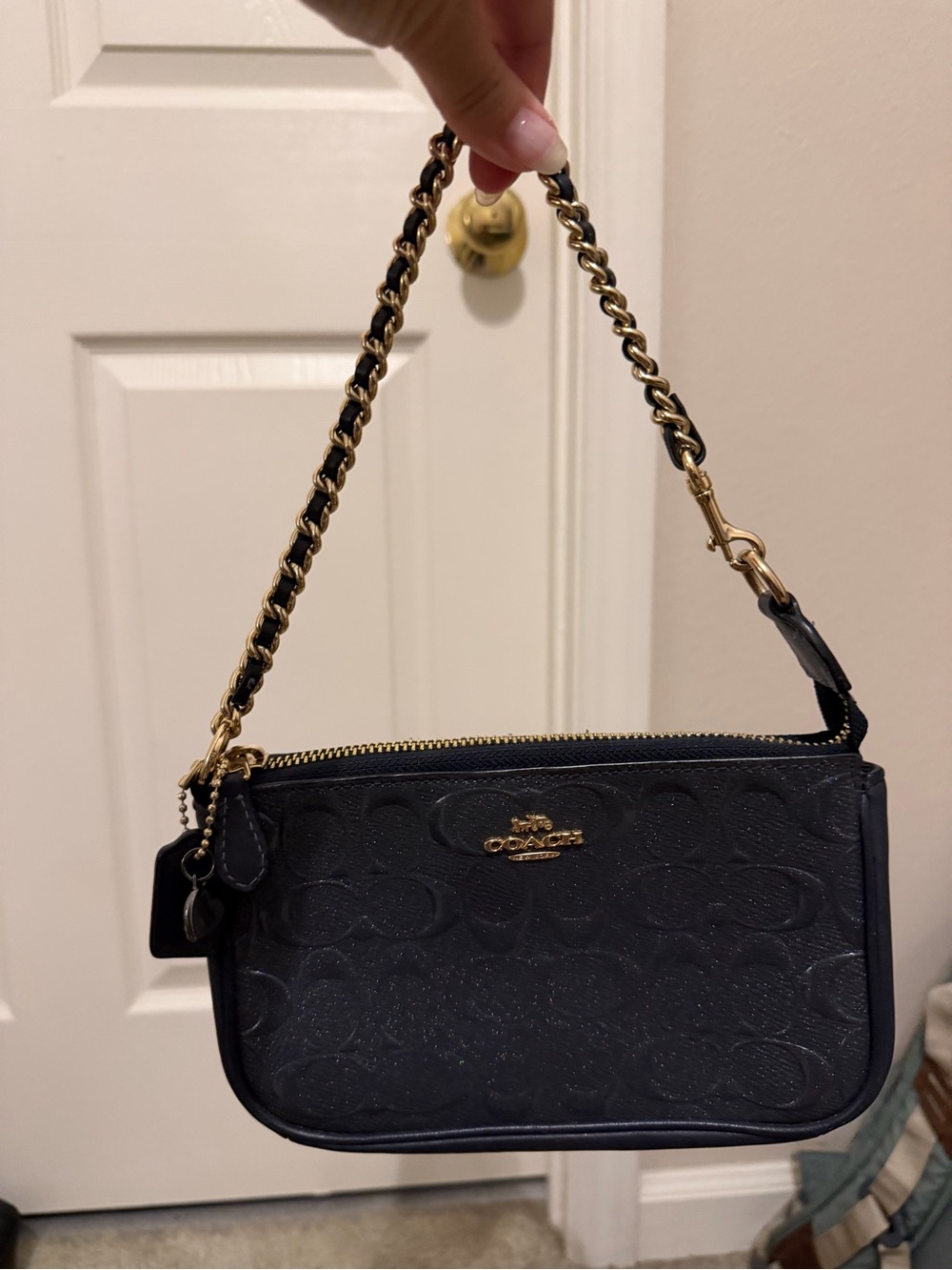 Coach Black Signature Chain Wristlet with Gold Hardware